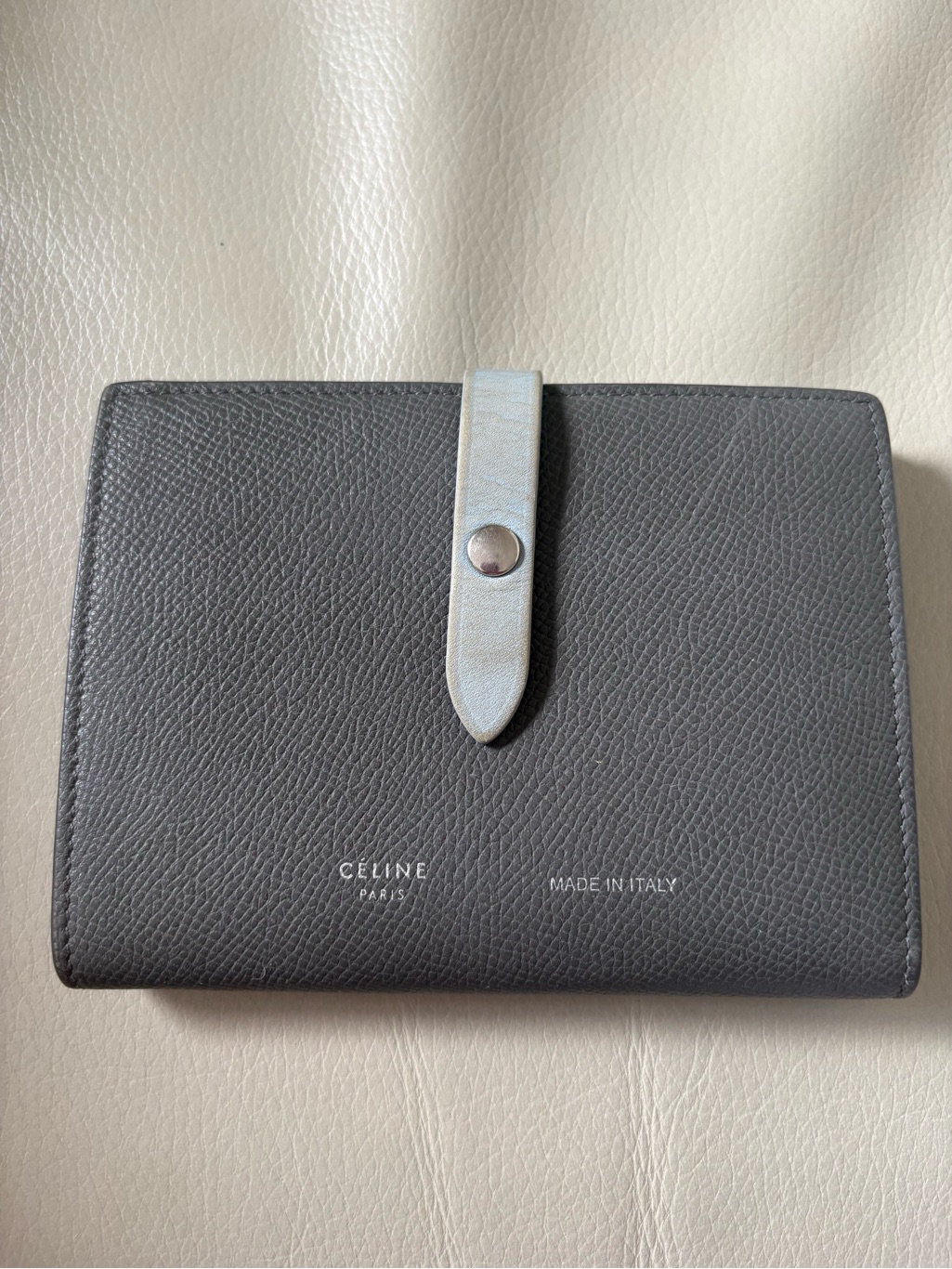 Celine Gray Leather Snap Wallet With Light Blue Strap